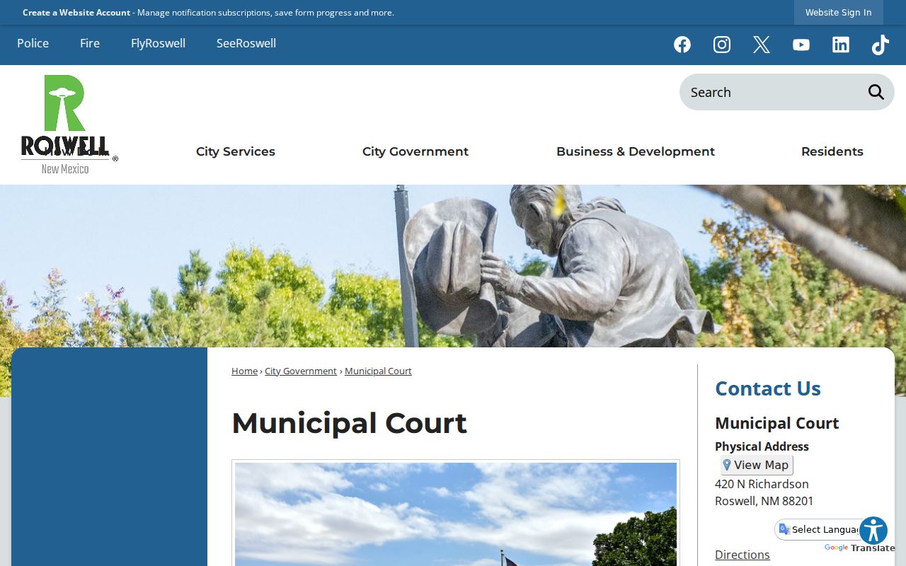 Roswell Municipal Court building and contact information for Chaves County municipal warrants