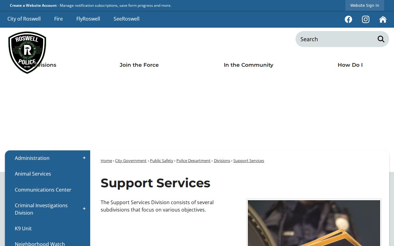 Roswell Police support page for Roswell warrant records